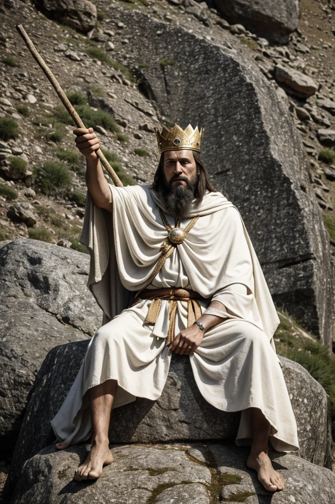 An early king. A prehistoric king. With a simple white cloak. A stick in hand and a small crown on the head. A trained body sitting on a rock in the mountain