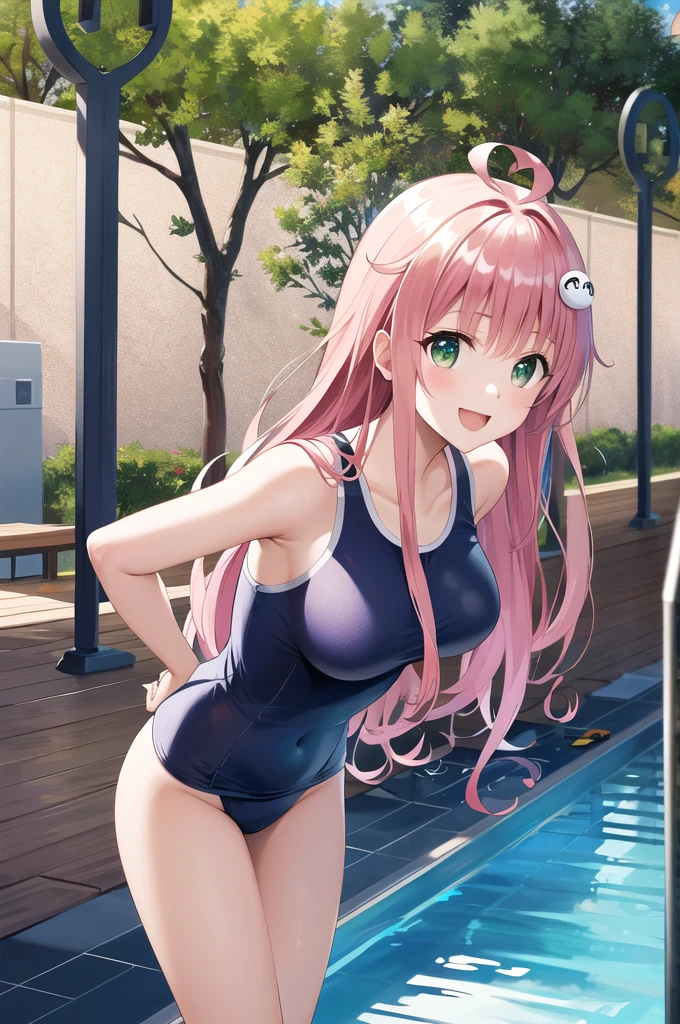 masterpiece、Highest quality、High resolution、Looking up、Long Hair、Ahoge、hair ornaments、Green Eyes、Large Breasts、Put your arms behind your back、Leaning forward、Are standing、Outdoor、smile、Open your mouth、School Swimsuit、M-shaped legs、Pool