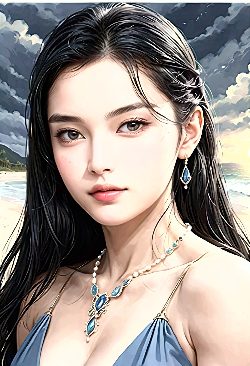 ((Masterpieces with up to 16K resolution:1.6)),Highest quality,it is really amazing,Very detailed,Ultra-high resolution,(Real:1.5),(Realistic:1.5),Increased depth of field,Cinematic Light,
Elegant mature woman,
Long black hair,(Exquisitely detailed face:1.5),Face with a gentle expression,Translucent white skin,Very sensitive skin,Great proportions,Anatomically correct body,
Sexy bikini swimwear,Artistic design,Beautiful and detailed pattern,Detailed fabric texture,Gorgeous necklace,
Coastal landscape at dusk,Dark clouds and dark sky,delay々Continuing sandy beach, Deserted Beach,Dark sea surface,
(Cowboy Shot:1.6),
