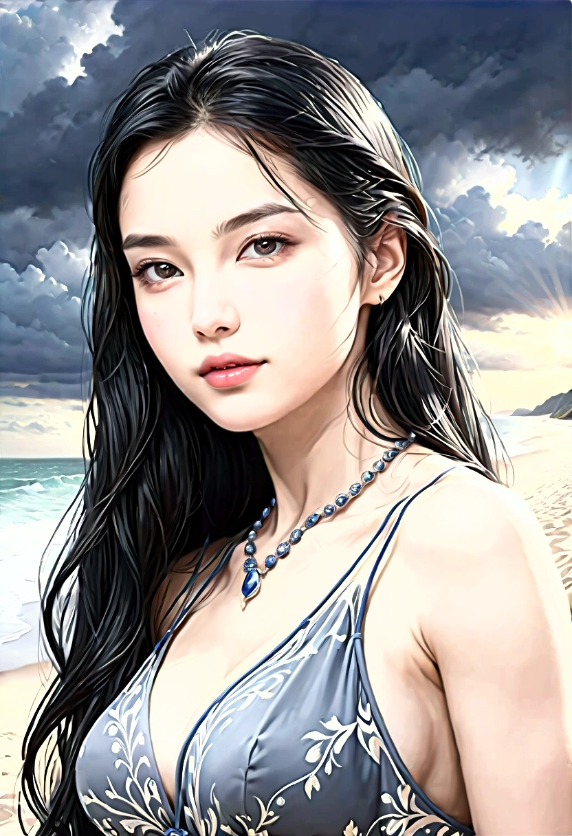 ((Masterpieces with up to 16K resolution:1.6)),Highest quality,it is really amazing,Very detailed,Ultra-high resolution,(Real:1.5),(Realistic:1.5),Increased depth of field,Cinematic Light,
Elegant mature woman,
Long black hair,(Exquisitely detailed face:1.5),Face with a gentle expression,Translucent white skin,Very sensitive skin,Great proportions,Anatomically correct body,
Sexy bikini swimwear,Artistic design,Beautiful and detailed pattern,Detailed fabric texture,Gorgeous necklace,
Coastal landscape at dusk,Dark clouds and dark sky,delay々Continuing sandy beach, Deserted Beach,Dark sea surface,
(Dramatic Angle:1.6),