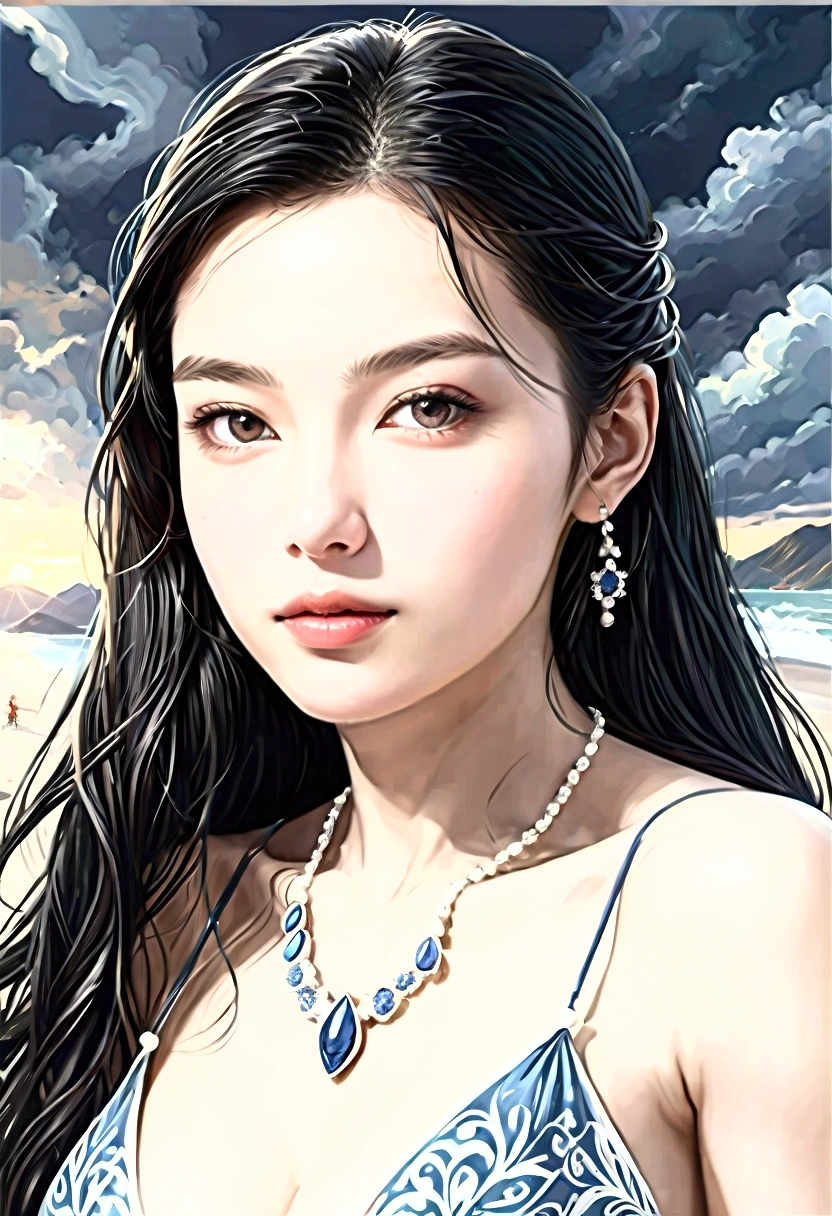((Masterpieces with up to 16K resolution:1.6)),Highest quality,it is really amazing,Very detailed,Ultra-high resolution,(Real:1.5),(Realistic:1.5),Increased depth of field,Cinematic Light,
Elegant mature woman,
Long black hair,(Exquisitely detailed face:1.5),Face with a gentle expression,Translucent white skin,Very sensitive skin,Great proportions,Anatomically correct body,
Sexy bikini swimwear,Artistic design,Beautiful and detailed pattern,Detailed fabric texture,Gorgeous necklace,
Coastal landscape at dusk,Dark clouds and dark sky,delay々Continuing sandy beach, Deserted Beach,Dark sea surface,
(Cowboy Shot:1.6),