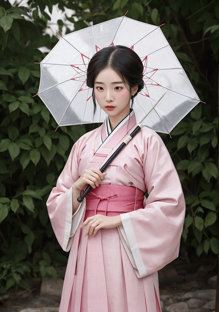 Korean women during the Joseon Dynasty, old house background, rainy background, Holding an umbrella, sad face, a tear drop from an eye, wearing pink hanbok, A composition that shows the entire body, Dengue hair, 머리부터 발까지 A composition that shows the entire body
