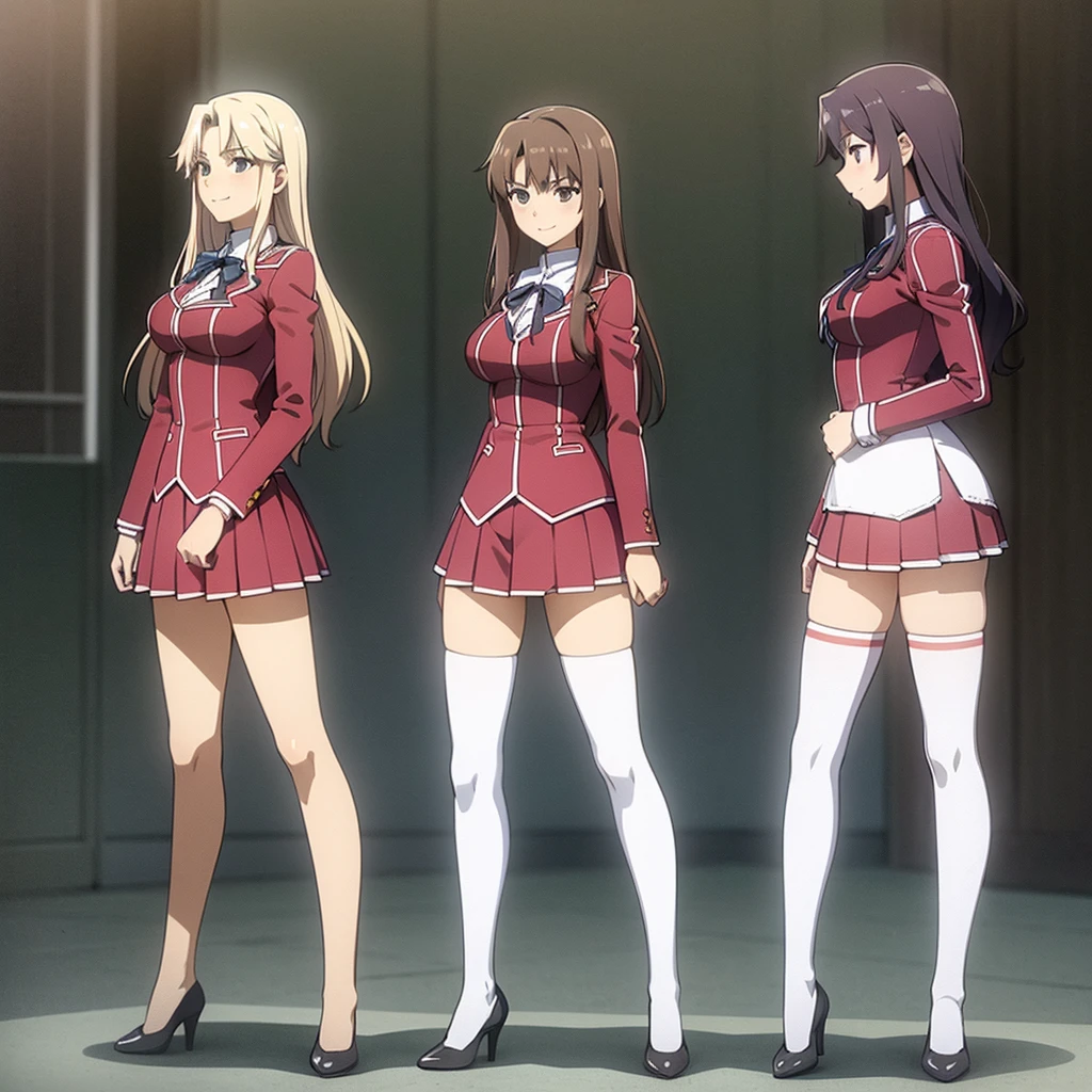 Masterpiece, high quality, 3girls, duo, identical twins, identical sisters, brown hair, curly hair, matching hairstyles, hazel eyes, medium sized bust, (school uniform, sexy school uniform, blazer, lace section, ribbon, rainbow short skirt, white thigh-high socks, black high heels, matching outfits), smile, flat_colour, full body, seductive pose, Duo pose: From the side angle, people's body curves are beautiful.
hugged from the side