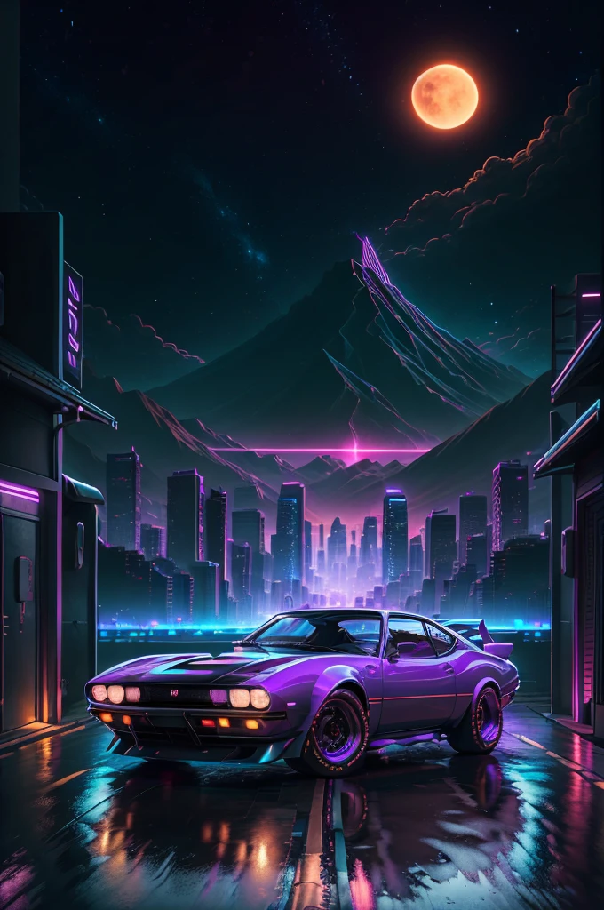retrowave. city, 1969 Nissan S30, wide body kit, road, purple neon lights, sun, mountain,
(masterpiece,detailed,highres),