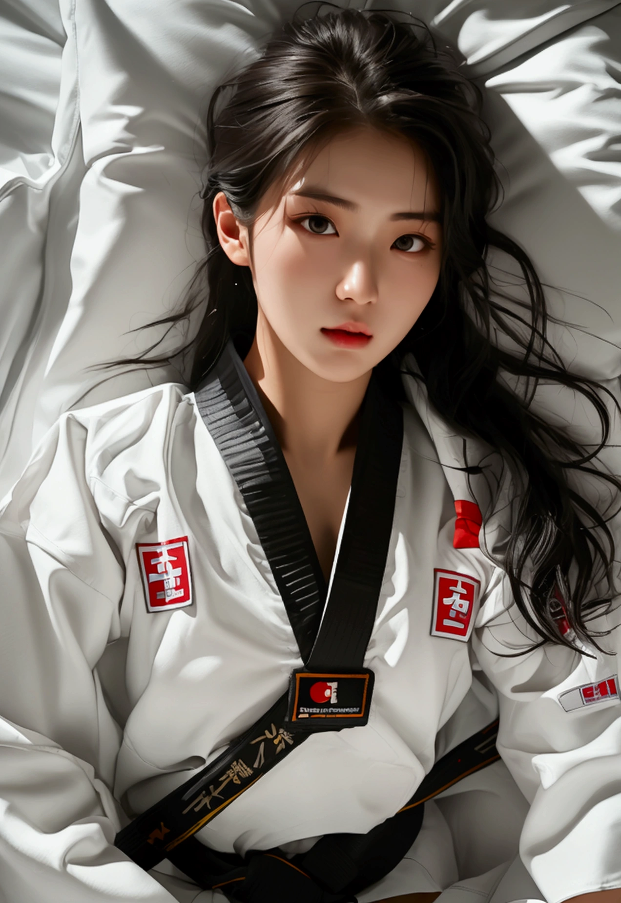 masterpiece, ultra details, best quality, 1 korean taekwondo girl, masterpiece, ultra details, best quality, black long straight hair, wearing sweaty white World Taekwondo Federation dobok uniform with black v-neck, wearing taekwondo blackbelt, wearing white martial arts pants without pockets, large sweaty butt, large breasts, laying on wet hotel bed showing butt, sweat on face