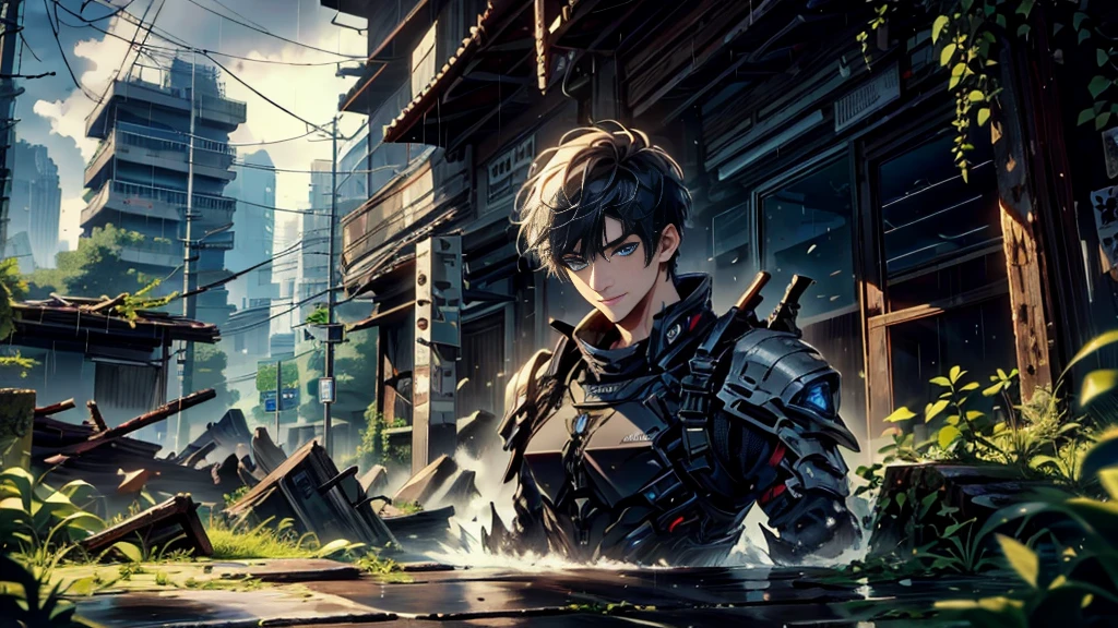 "best quality , High quality , The best details ,Masterpiece, High qualityสุด, Heavy rain, battlefield, realistic, 1 person, mature man,solemn face, A quiet and charming young man, 30 years old, smile, gag, Portrait, Highly detailed face, 寒さとsmile, ((blue eyes)), ((short hairสีดำ)), [Thick eyebrows],,1 man,alone,dark black hair,short hair,short hairสีดำ,buzz cut,beautiful eyes,blue eyes,black gloves, soldier, headset,black dress, Weight-bearing vest, sling,Wear epTactical,High Boots,Assault Rifle(AK102),ถือAssault Rifleสีดำ,aimed at the audience,ruins,electricity,destroyed building,Debris,Heavy rain,Masterpiece,best quality,Very detailed,