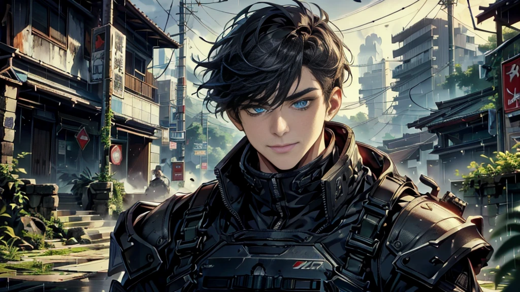"best quality , High quality , The best details ,Masterpiece, High qualityสุด, Heavy rain, battlefield, realistic, 1 person, mature man,solemn face, A quiet and charming young man, 30 years old, smile, gag, Portrait, Highly detailed face, 寒さとsmile, ((blue eyes)), ((short hairสีดำ)), [Thick eyebrows],,1 man,alone,dark black hair,short hair,short hairสีดำ,buzz cut,beautiful eyes,blue eyes,black gloves, soldier, headset,black dress, Weight-bearing vest, sling,Wear epTactical,High Boots,Assault Rifle(AK102),ถือAssault Rifleสีดำ,aimed at the audience,ruins,electricity,destroyed building,Debris,Heavy rain,Masterpiece,best quality,Very detailed,