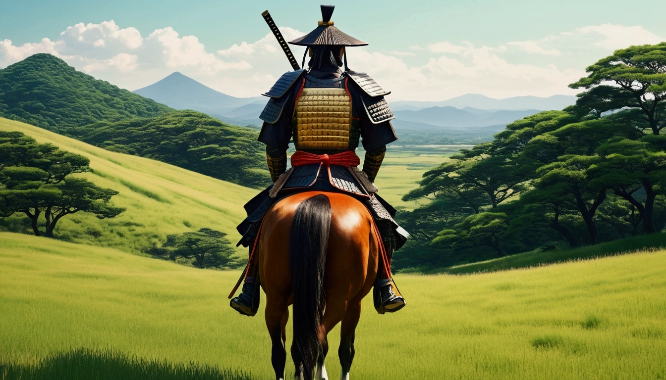 Manga style,Illustrated style,Traditional Japanese samurai armor,Back view,Japanese Landscape,Summer steppe,Fresh greenery,Samurai on horseback,Vibrant colors,Serene atmosphere