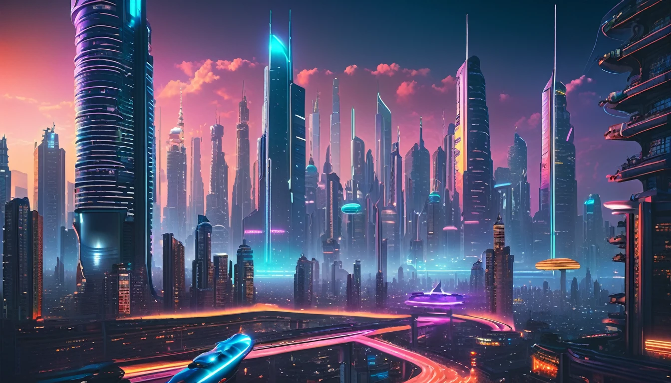 “Futuristic megacity skyline at night, with neon lights, flying cars, and towering skyscrapers. Cyberpunk style.”