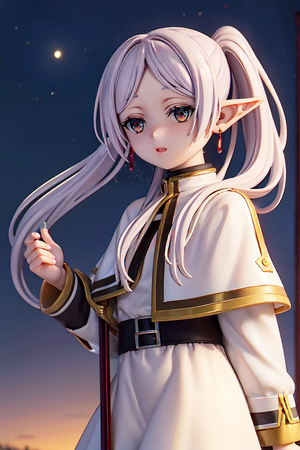 masterpiece,Highest quality,One girl,alone,Fairy,Green Eyes,Jewelry Earrings,Parted bangs,Gray Hair, short_thick_Eyebrow, Cowboy Shot,Upper Body,View your viewers,Mouth closed,White capelet,White long sleeve,White,White Skirt,Black Pantyhose,Holding a walking stick,night,night sky,1girl,独奏,elf,white hair,grey hair,earrings,pointy ears,long hair,ponytail,green eyes,twintails,parted bangs,thick eyebrows
