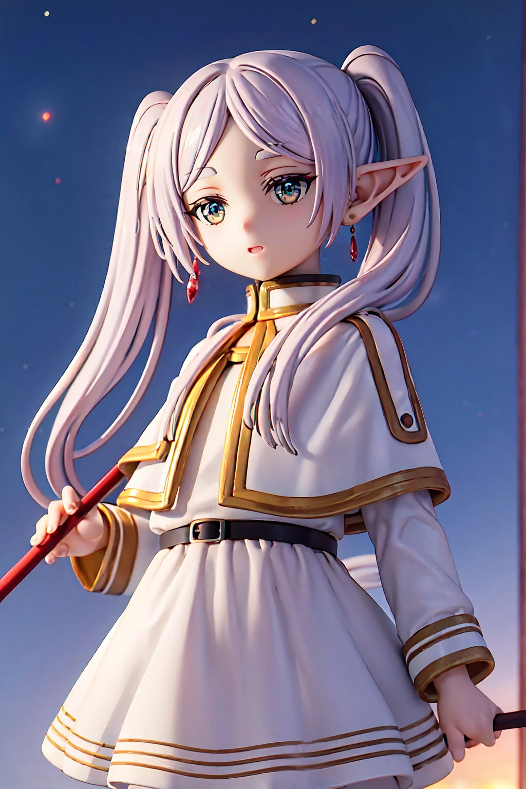 masterpiece,Highest quality,One girl,alone,Fairy,Green Eyes,Jewelry Earrings,Parted bangs,Gray Hair, short_thick_Eyebrow, Cowboy Shot,Upper Body,View your viewers,Mouth closed,White capelet,White long sleeve,White,White Skirt,Black Pantyhose,Holding a walking stick,night,night sky,1girl,独奏,elf,white hair,grey hair,earrings,pointy ears,long hair,ponytail,green eyes,twintails,parted bangs,thick eyebrows