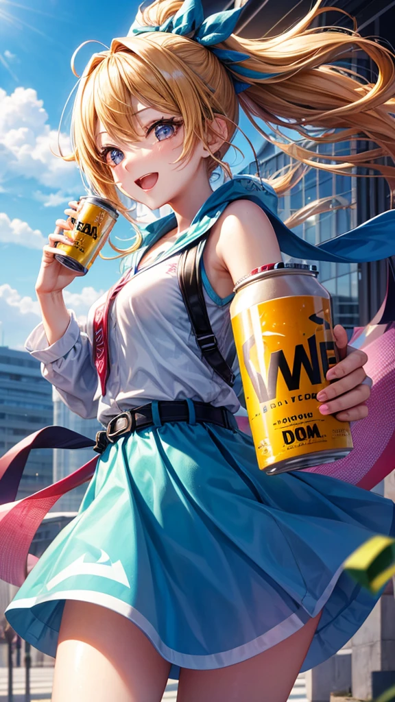 Holding an energy drink in one hand,、A lively and energetic girl