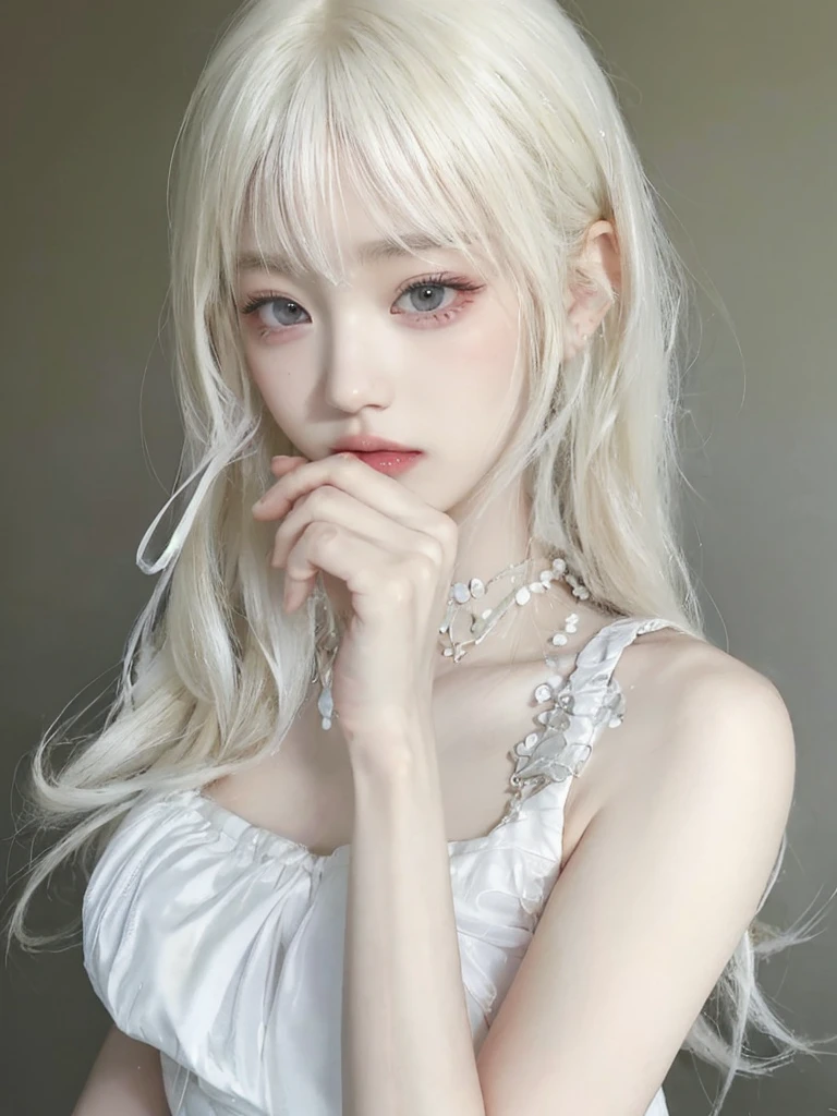 chica de pelo rubio con tijeras rosas en la boca y un vestido blanco, pale milky white porcelain skin, pale porcelain white skin, chica anime en la vida real, pelo largo y blanco y flequillo, young pale ghost, chica anime cosplay, extremely pale blonde hair, peinado de corte hime blanco, bella delfina, very very pale blonde hair, con el pelo largo y blanco, chica anime joven realista,  yuna itzy, wonyoung ive, jennie blackpink 
ybeautiful asian woman, beautiful detailed eyes, beautiful detailed lips, extremely detailed face and features, elegant hairstyle, delicate facial features, porcelain skin, flowing dress, serene expression, ethereal beauty, graceful pose, cinematic lighting, warm color tones, masterpiece, 8k, photorealistic, high quality, digital art, wonyoung ive, jennie blackpink, yuna itzy 