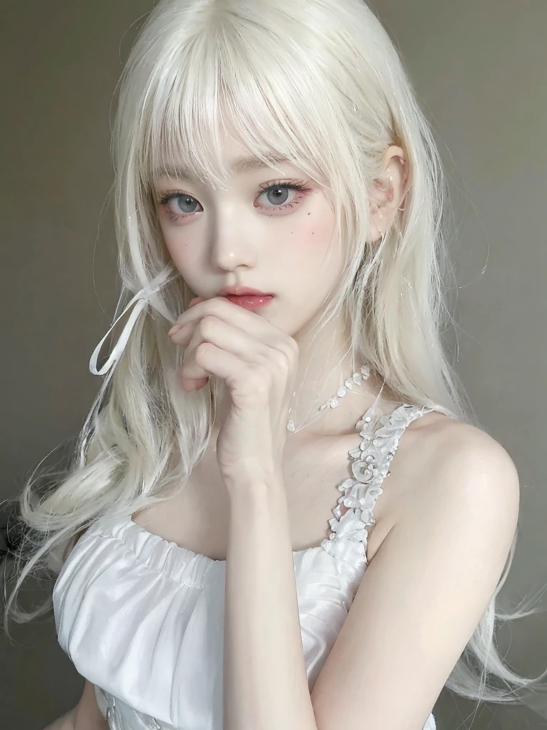 chica de pelo rubio con tijeras rosas en la boca y un vestido blanco, pale milky white porcelain skin, pale porcelain white skin, chica anime en la vida real, pelo largo y blanco y flequillo, young pale ghost, chica anime cosplay, extremely pale blonde hair, peinado de corte hime blanco, bella delfina, very very pale blonde hair, con el pelo largo y blanco, chica anime joven realista,  yuna itzy, wonyoung ive, jennie blackpink 
ybeautiful asian woman, beautiful detailed eyes, beautiful detailed lips, extremely detailed face and features, elegant hairstyle, delicate facial features, porcelain skin, flowing dress, serene expression, ethereal beauty, graceful pose, cinematic lighting, warm color tones, masterpiece, 8k, photorealistic, high quality, digital art, wonyoung ive, jennie blackpink, yuna itzy 