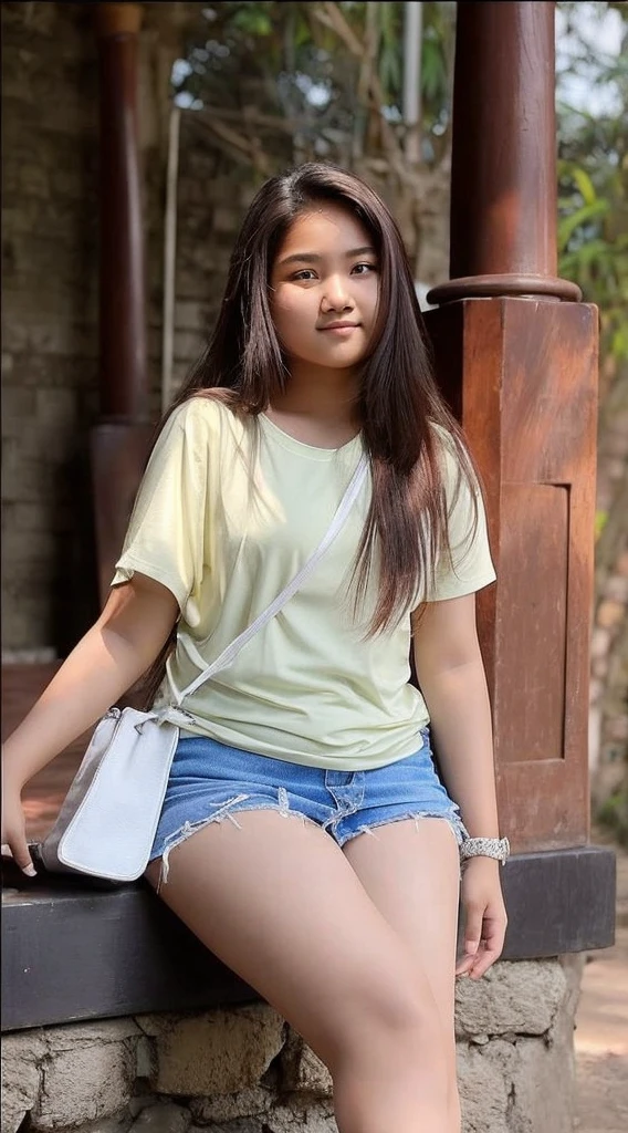 17 year old Indonesian high school woman, long hair, white skin, fat, big breasts, sexy, wearing a white short shirt, grey short skirt, long legs, Indonesian high