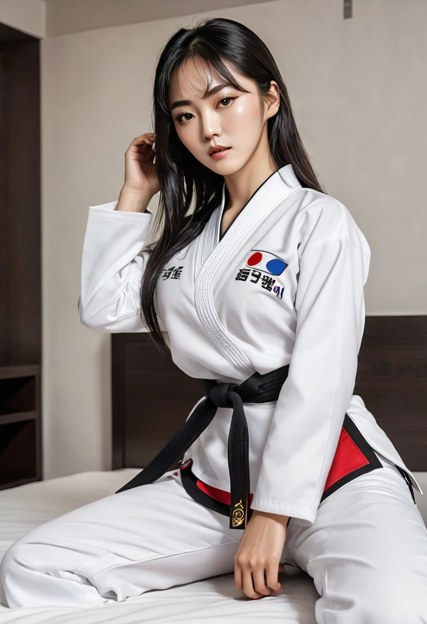 masterpiece, ultra details, best quality, 1 korean taekwondo girl, masterpiece, ultra details, best quality, black long straight hair, wearing sweaty white World Taekwondo Federation dobok uniform with black v-neck, wearing taekwondo blackbelt, wearing white martial arts pants without pockets, large sweaty butt, large breasts, laying on wet hotel bed showing butt, sweat on face