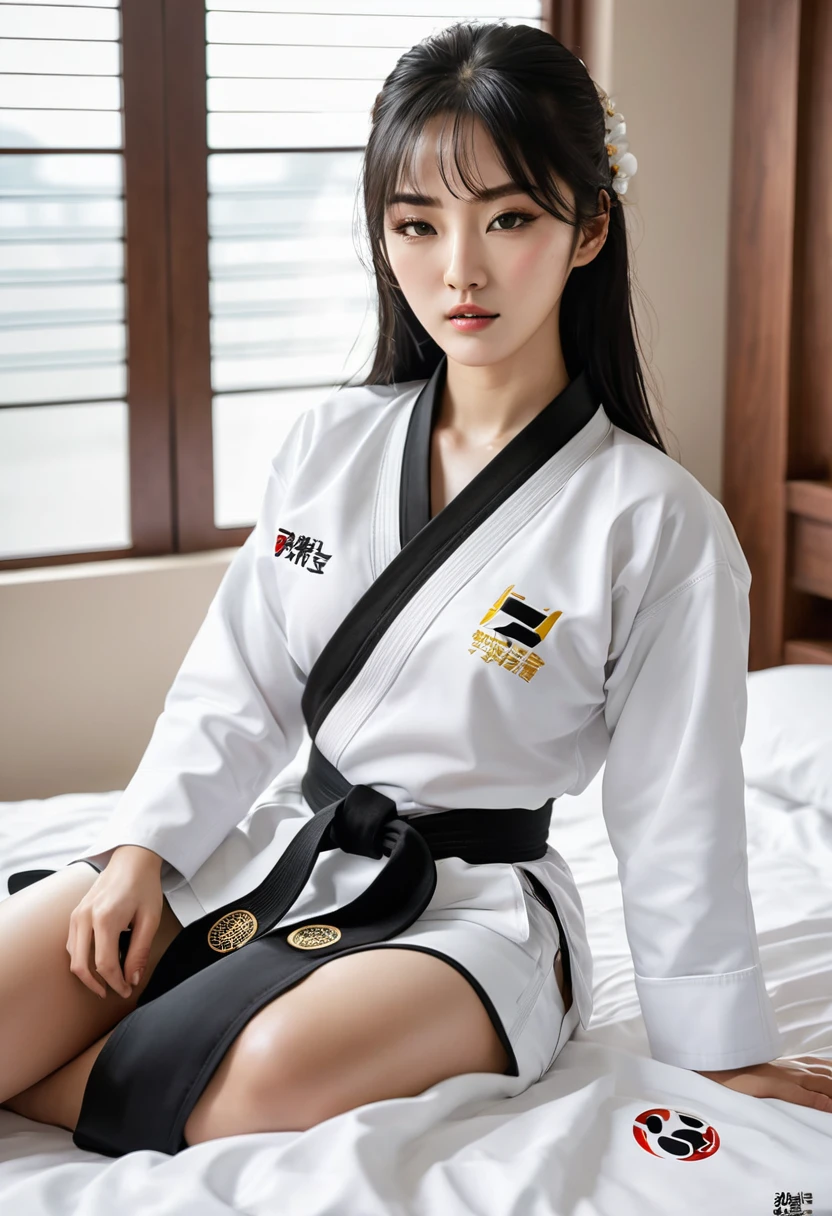 masterpiece, ultra details, best quality, 1 korean taekwondo girl, masterpiece, ultra details, best quality, black long straight hair, wearing sweaty white World Taekwondo Federation dobok uniform with black v-neck, wearing taekwondo blackbelt, wearing white martial arts pants without pockets, large sweaty butt, large breasts, laying on wet hotel bed showing butt, sweat on face