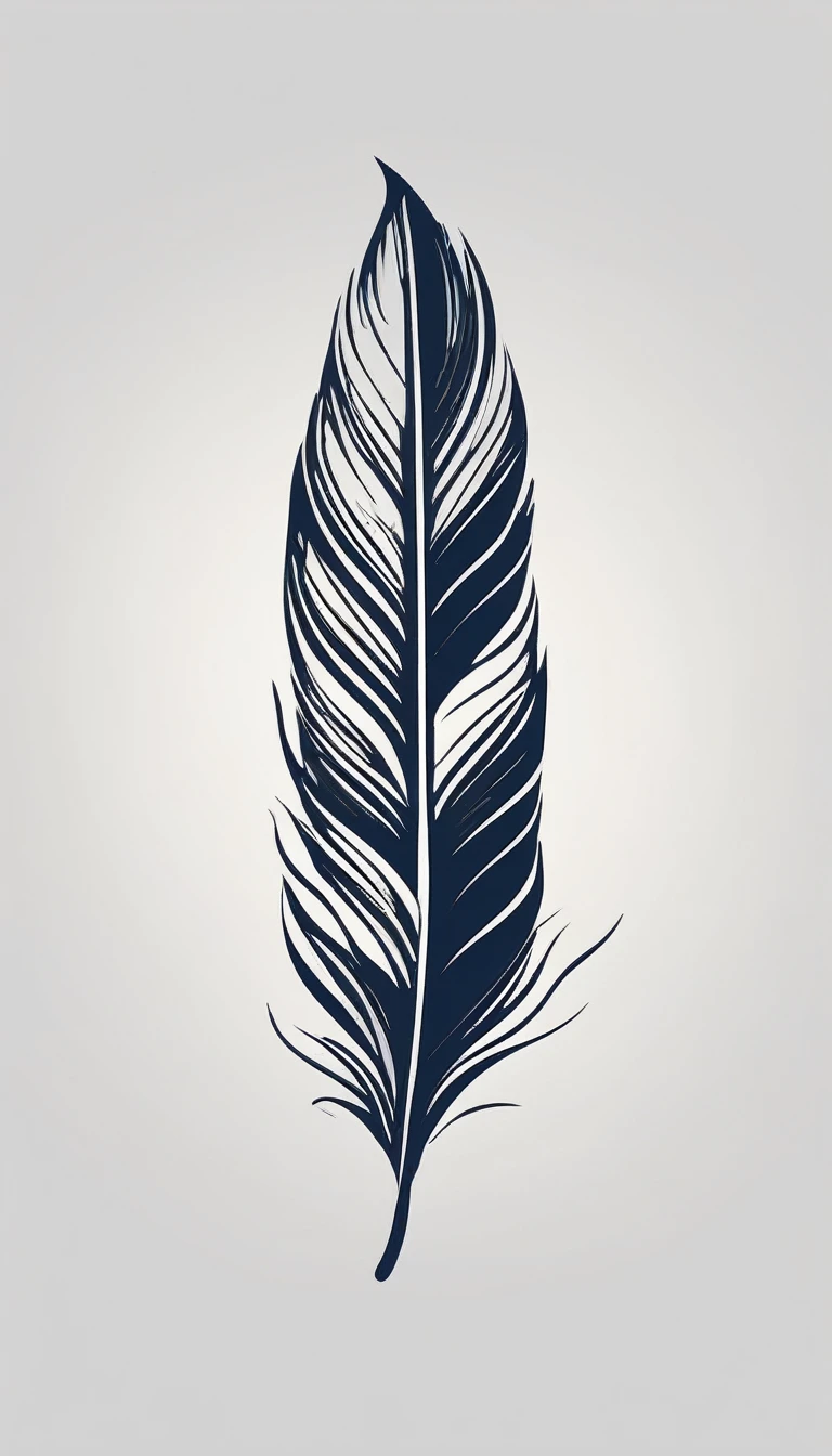 A minimalist, fantastic, poetic, dreamy, captivating, memorable, masterpiece, modern, simple logo design of a feather for the brand “Penamemoria". The logo must convey a sense of music, stories and dreams. Minimalistic logo design of a feather.
