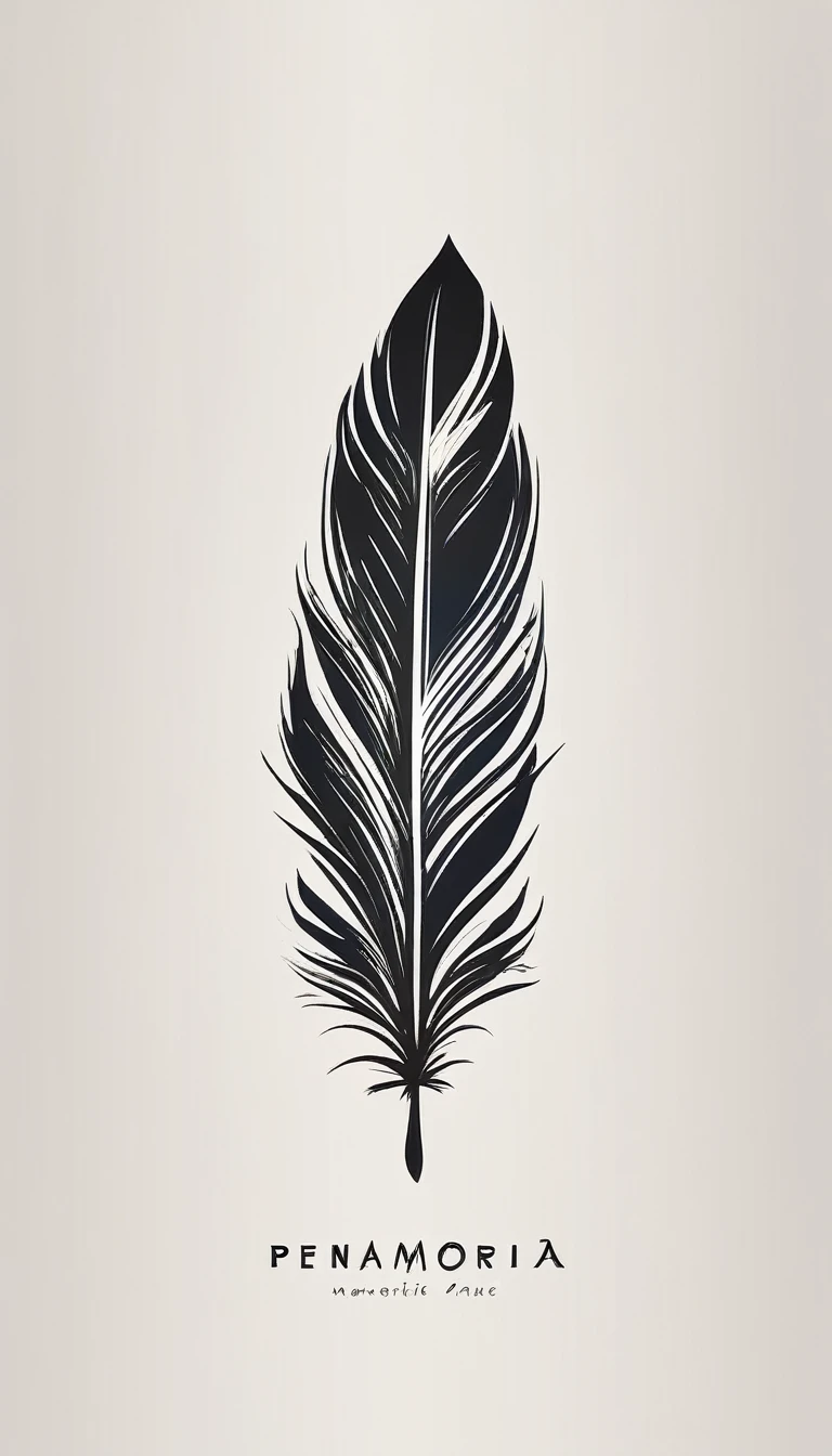 A minimalist, fantastic, poetic, dreamy, captivating, memorable, masterpiece, modern, simple logo design of a feather for the brand “Penamemoria". The logo must convey a sense of music, stories and dreams. Minimalistic logo design of a feather.
