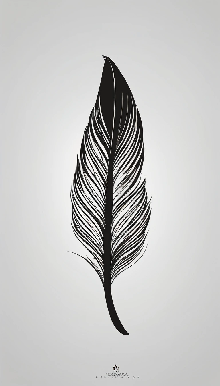 A minimalist, fantastic, poetic, dreamy, captivating, memorable, masterpiece, modern, simple logo design of a feather for the brand “Penamemoria". The logo must convey a sense of music, stories and dreams. Minimalistic logo design of a feather.