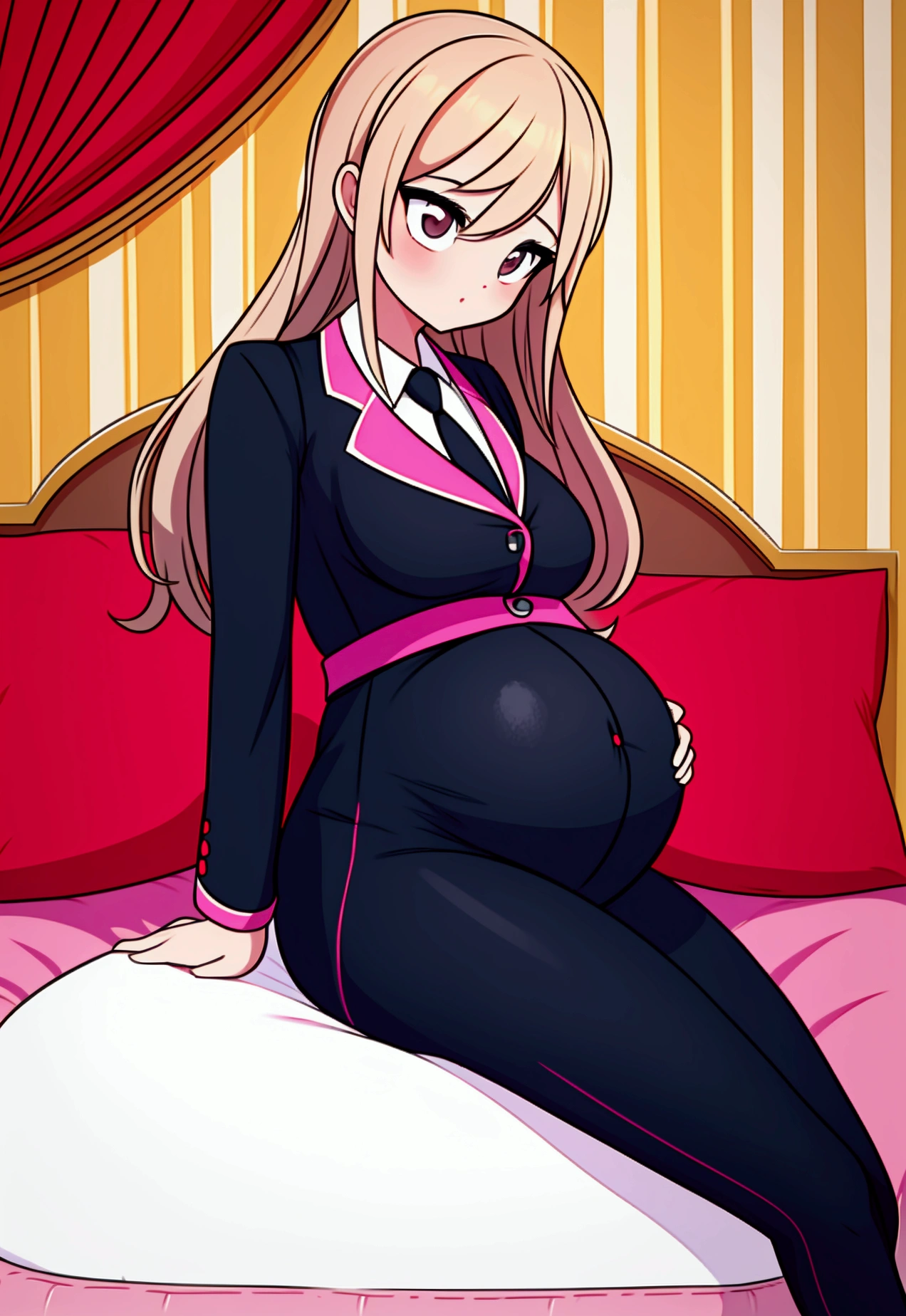 Image of a pregnant girl in leggings., set of comfortable home clothes, and a more formal pantsuit
