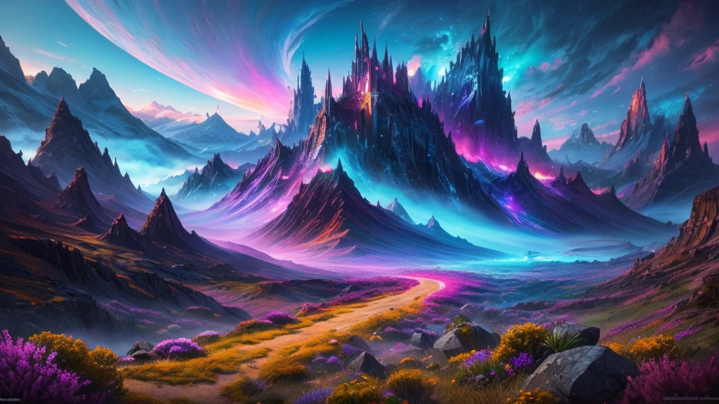 "Generate an ethereal and surreal landscape with vibrant colors and fantastical elements."