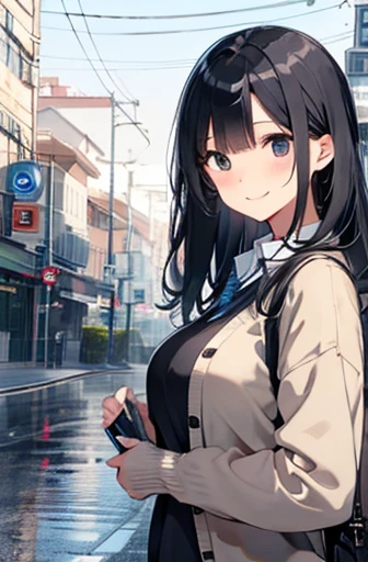 （Cute older sister:1.3）、smile,Spring atmosphere、cardigan、Daytime、hot、The road to school、Long black hair、rain、university student、Big Breasts