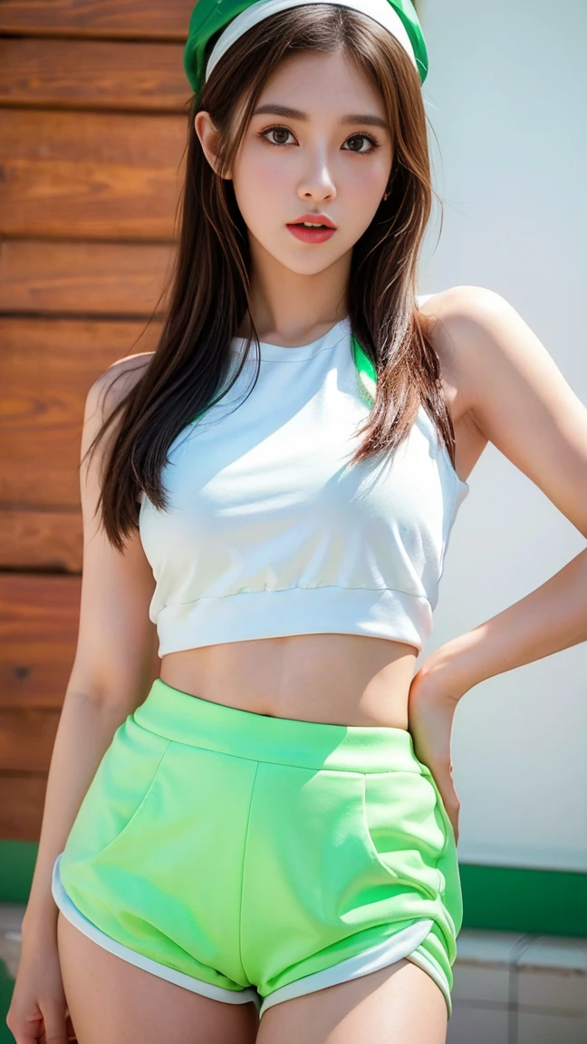 a girl in white and green shorts and a white cap,in the style of artgerm,honeycore,shilin huang,candid,shiny,cartoon mis-en-scene,photo-realistic