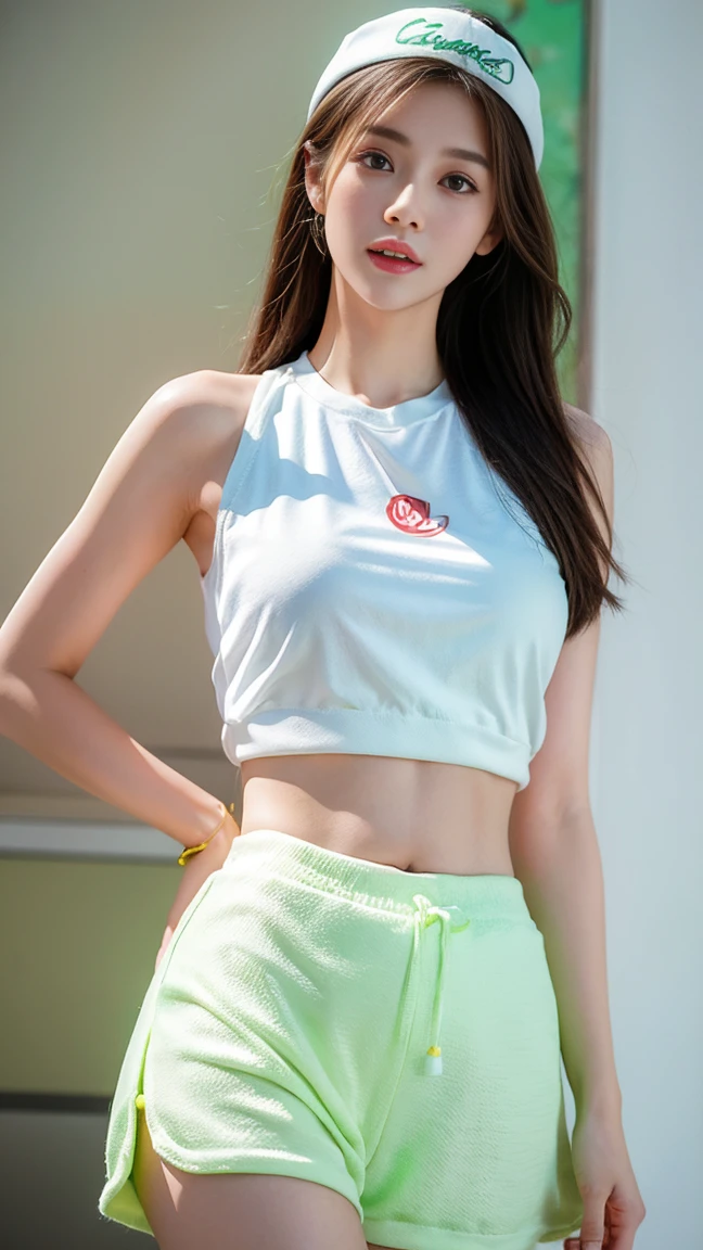 a girl in white and green shorts and a white cap,in the style of artgerm,honeycore,shilin huang,candid,shiny,cartoon mis-en-scene,photo-realistic 
