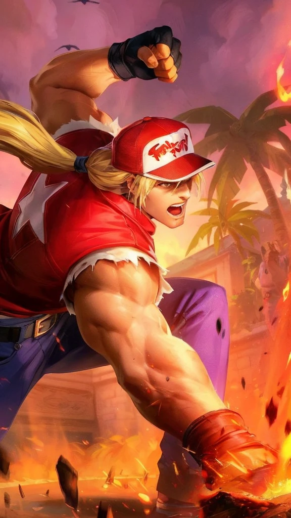 fire, explosion, sunset, flame, muscular, burning, palm tree, torch, orange sky, blonde hair, gloves, ponytail, pyrokinesis, molten rock, breathing fire, fingerless gloves, embers, campfire, tree, hat, dougi, clenched hand, 1boy, evening, punching, male focus, clenched hands, manly, long hair, fireplace, baseball cap, gradient sky, abs, twilight, firing, red sky, leaf, biceps, open mouth, fighting stance, dusk, flaming weapon