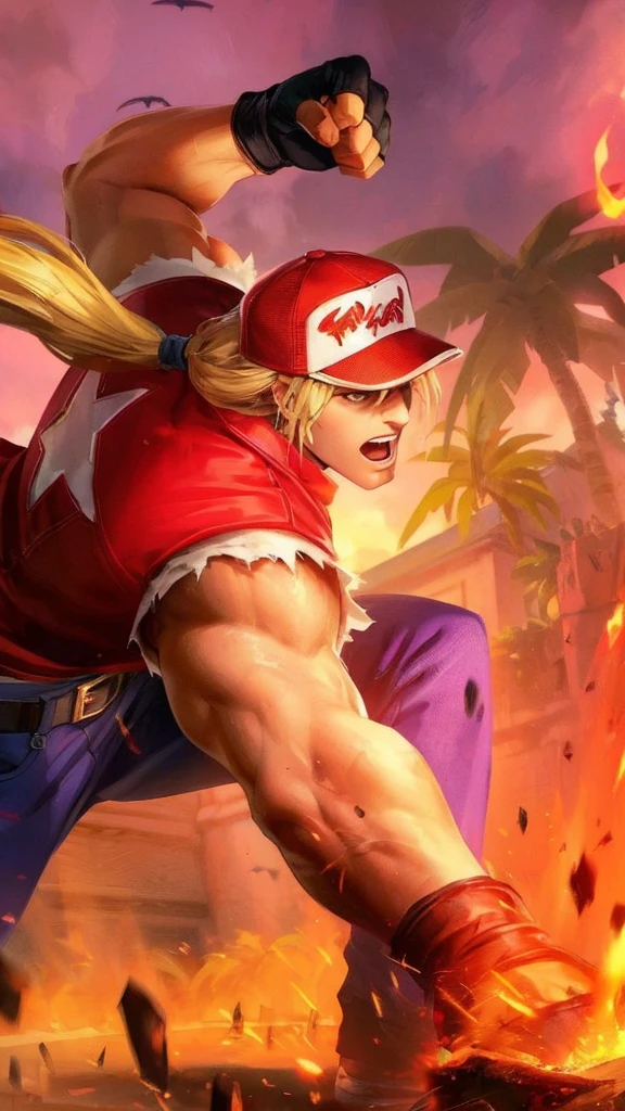 fire, explosion, sunset, flame, muscular, burning, palm tree, torch, orange sky, blonde hair, gloves, ponytail, pyrokinesis, molten rock, breathing fire, fingerless gloves, embers, campfire, tree, hat, dougi, clenched hand, 1boy, evening, punching, male focus, clenched hands, manly, long hair, fireplace, baseball cap, gradient sky, abs, twilight, firing, red sky, leaf, biceps, open mouth, fighting stance, dusk, flaming weapon
