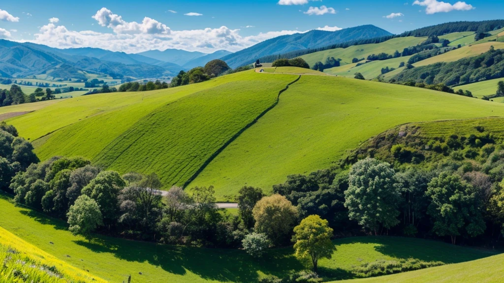 "Generate a serene video of a lush, rolling landscape with vibrant green hills and a clear blue sky."