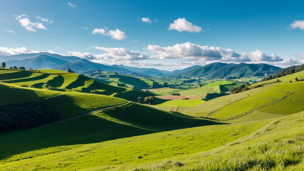 "Generate a serene video of a lush, rolling landscape with vibrant green hills and a clear blue sky."