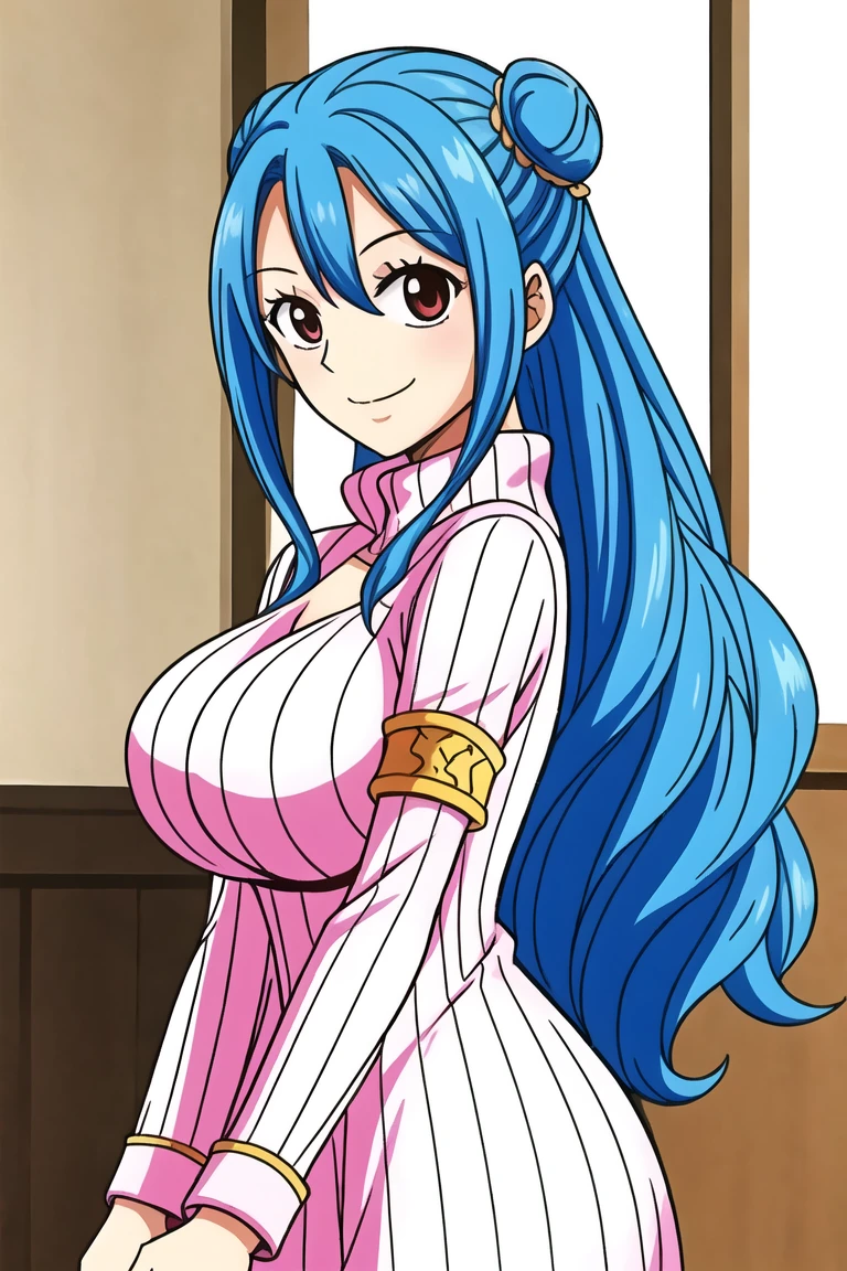 1girl, smile, close up, castel, blue hair,  back focus,happy,Turtleneck,clothing aside,double vertical stripe.double bun,from side,on side, room, big breasts