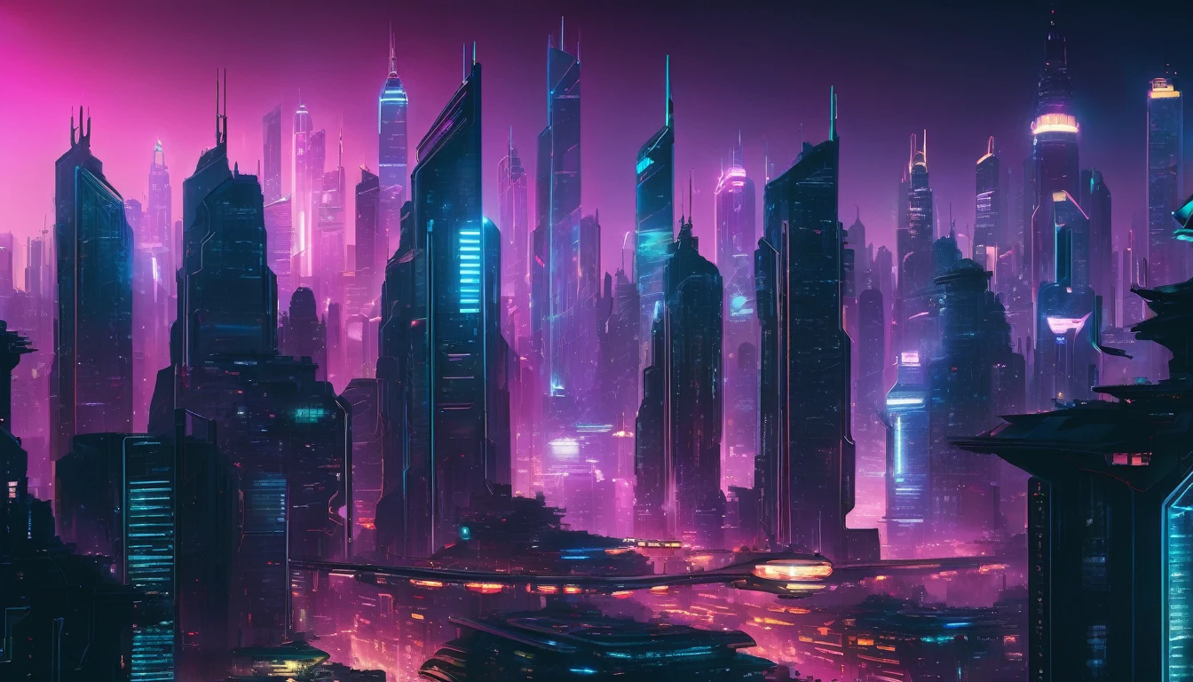 “Futuristic megacity skyline at night, with neon lights, flying cars, and towering skyscrapers. Cyberpunk style.”