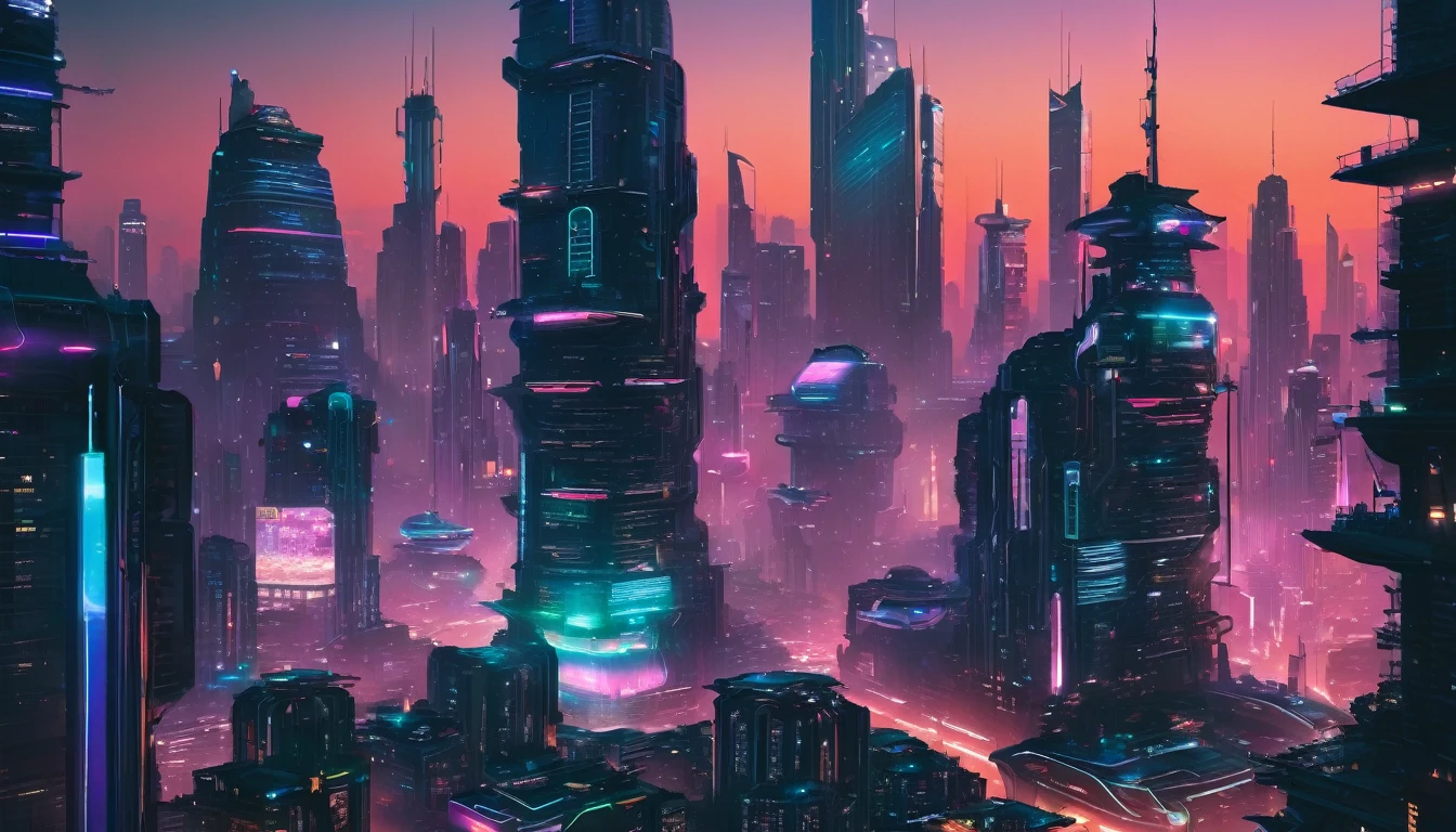 “Futuristic megacity skyline at night, with neon lights, flying cars, and towering skyscrapers. Cyberpunk style.”