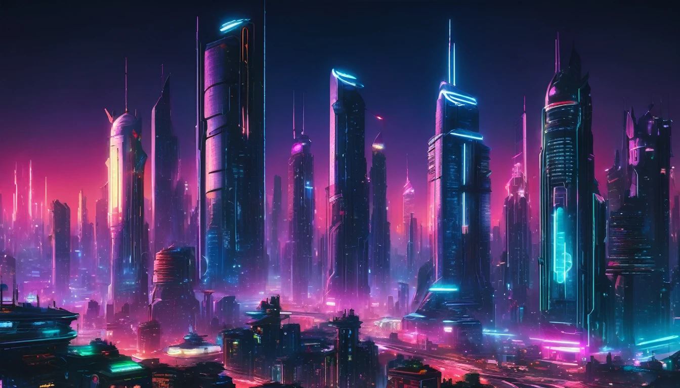 “Futuristic megacity skyline at night, with neon lights, flying cars, and towering skyscrapers. Cyberpunk style.”