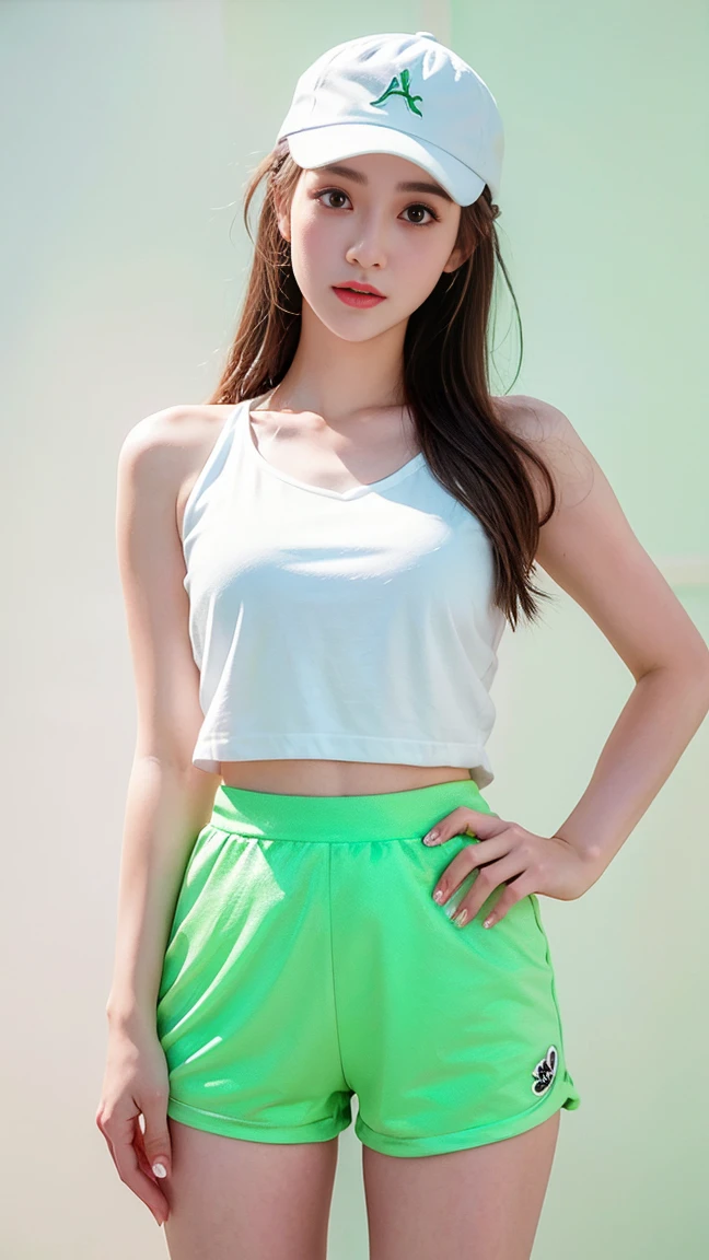 a girl in white and green shorts and a white cap,in the style of artgerm,honeycore,shilin huang,candid,shiny,cartoon mis-en-scene,photo-realistic