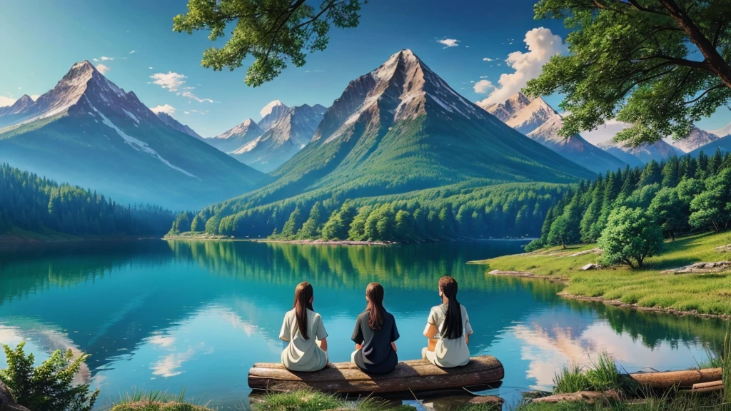 painting of three people sitting on a log in a mountain lake, anime nature, anime nature wallpap, anime beautiful peace scene, anime landscape, beautiful anime scene, beautiful anime scenery, anime landscape wallpaper, anime scenery, anime countryside landscape, detailed scenery —width 672, stunning nature in background, very beautiful scenery, anime painting, beautiful painting of friends