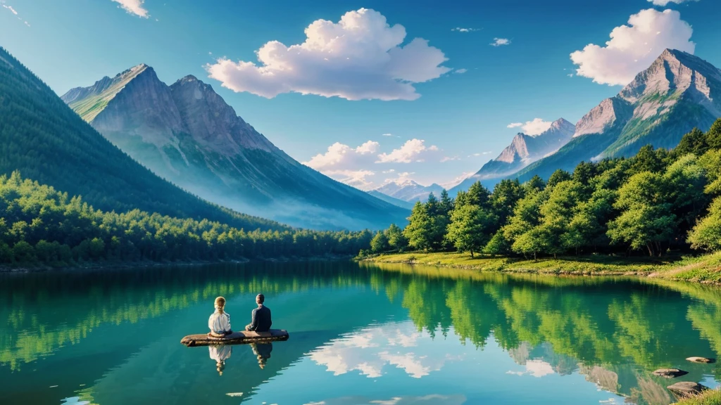 painting of three people sitting on a log in a mountain lake, anime nature, anime nature wallpap, anime beautiful peace scene, anime landscape, beautiful anime scene, beautiful anime scenery, anime landscape wallpaper, anime scenery, anime countryside landscape, detailed scenery —width 672, stunning nature in background, very beautiful scenery, anime painting, beautiful painting of friends