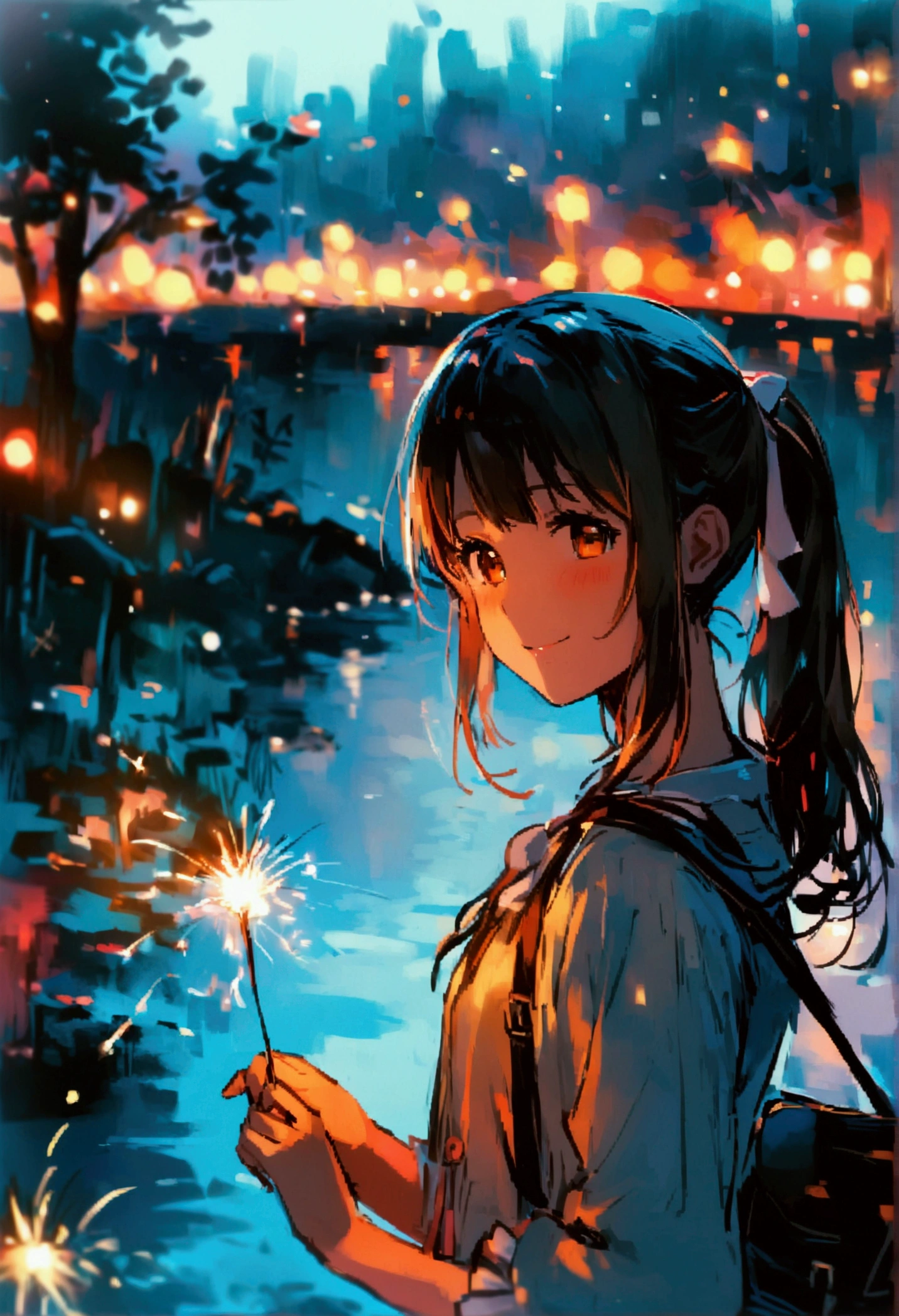 high resolution、Riverside、Night Sky、star、One girl、high school girl、18-year-old、ponytail、Brown Hair、Sparkler、Nothing in my hands、A big smile、firefly