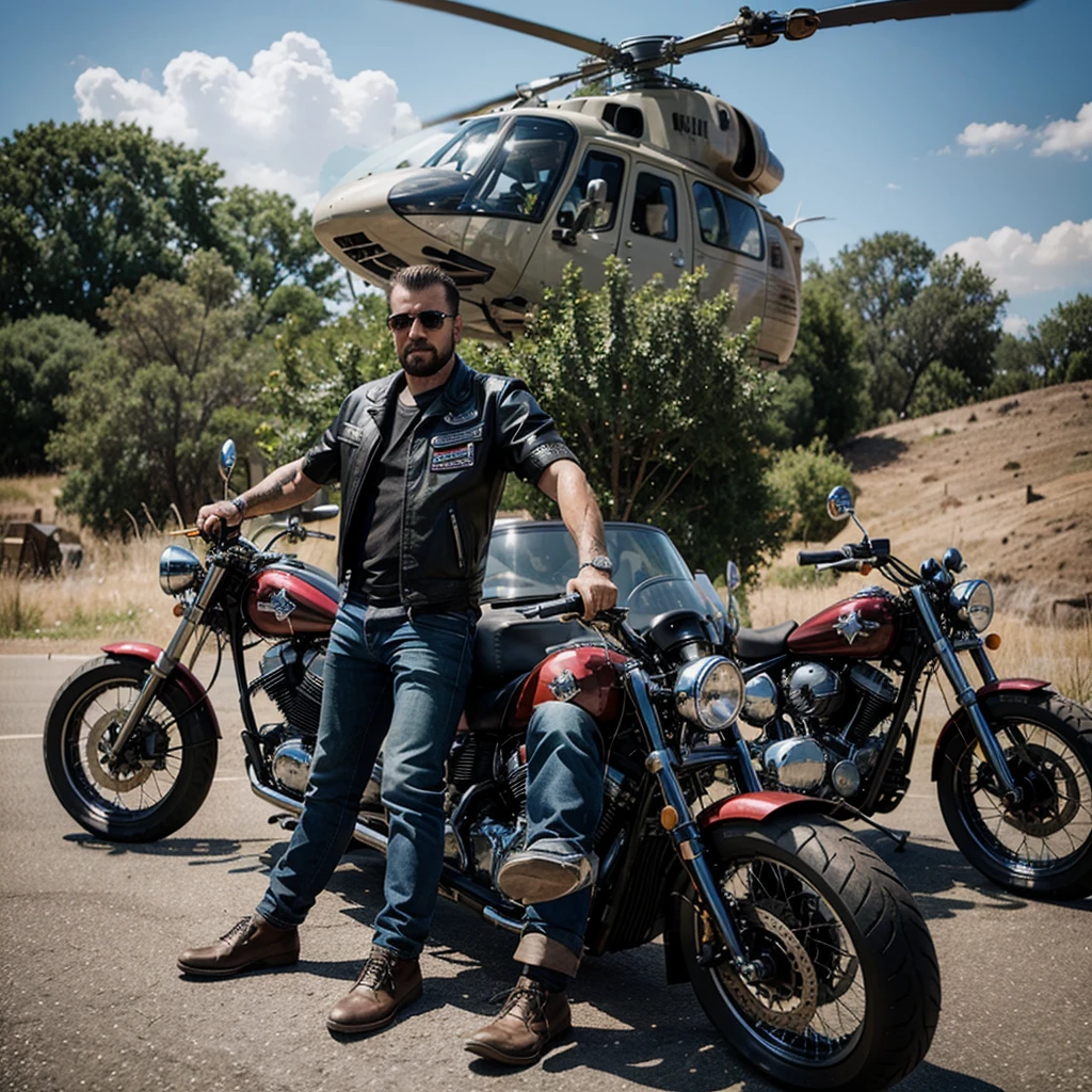 A guy from an American Mc motorcycle gang stands with his back and arms crossed next to a chopper.