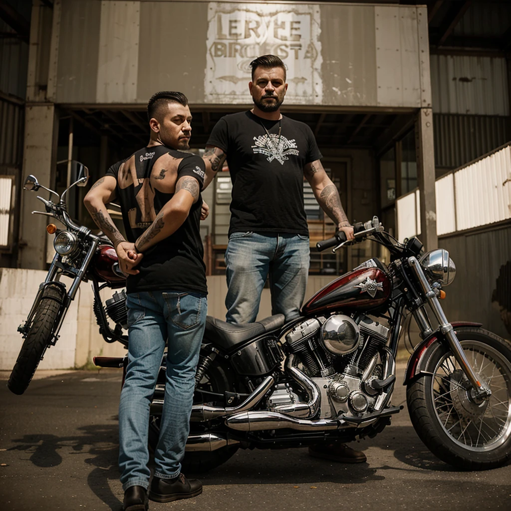 A guy from an American Mc motorcycle gang stands with his back and arms crossed next to a chopper.