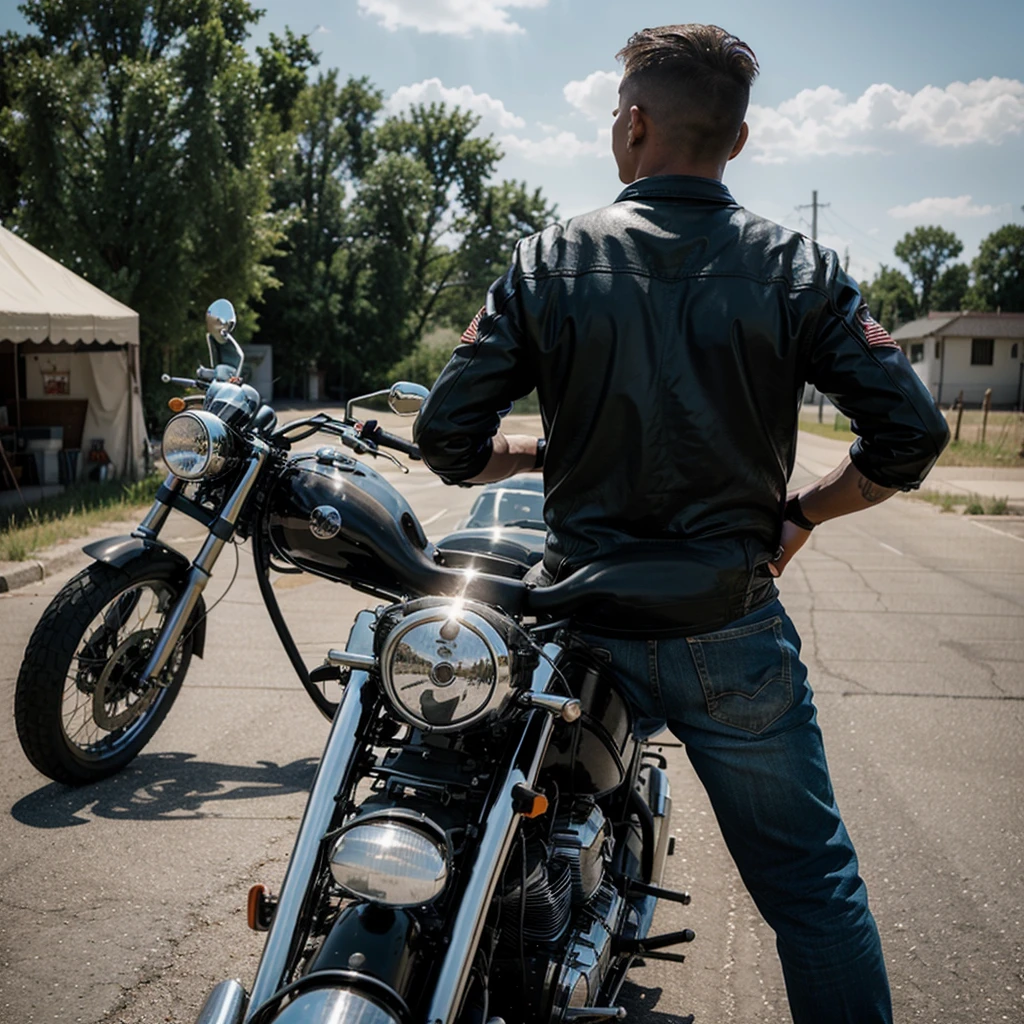 A guy from an American Mc motorcycle gang stands with his back and arms crossed next to a chopper.