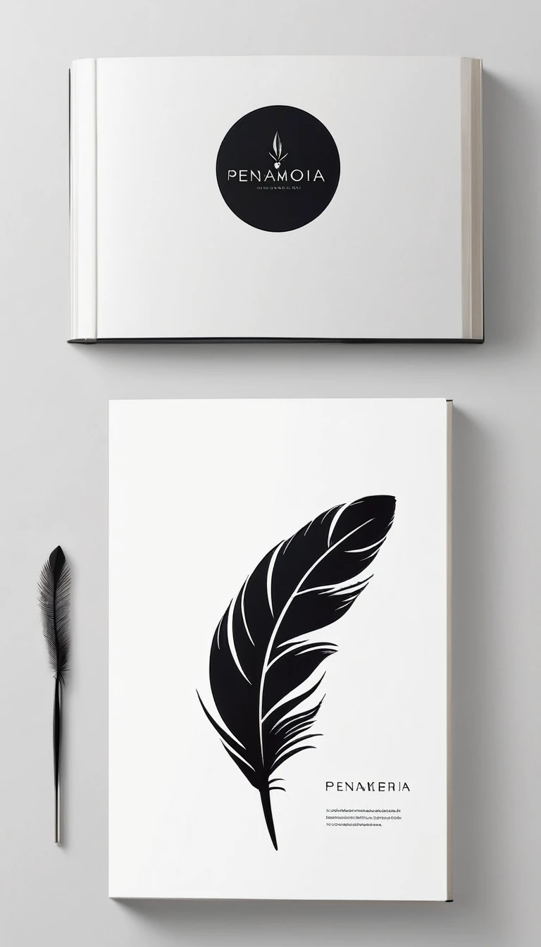 A minimal, modern, simple, cinematic logotype for the brand “Penamemoria". The logotype must be a simple, unique feather of memories. The logo must convey a sense of music, stories and dreams. Logo design impressed on a book cover. Minimalistic logo