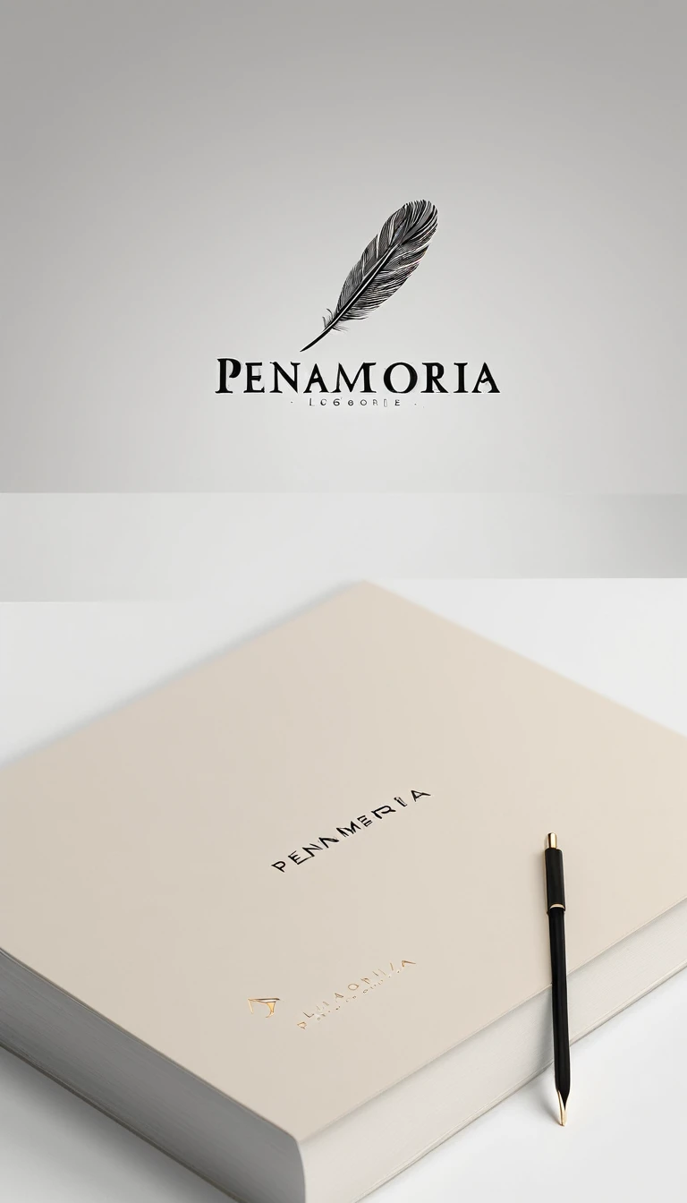 A minimal, modern, simple, cinematic logotype for the brand “Penamemoria". The logotype must be a simple, unique feather of memories. The logo must convey a sense of music, stories and dreams. Logo design impressed on a book cover. Minimalistic logo