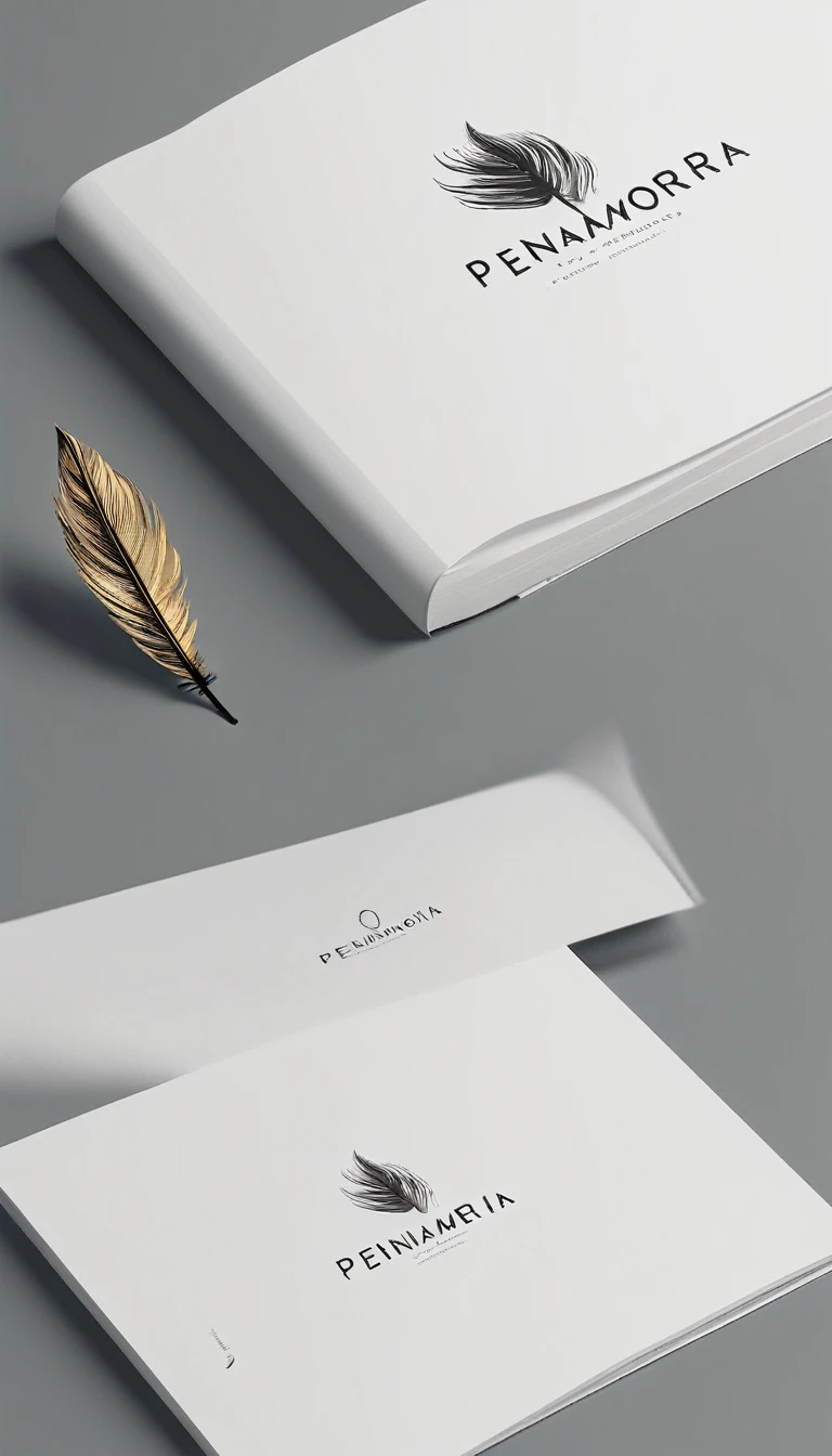 A minimal, modern, simple, cinematic logotype for the brand “Penamemoria". The logotype must be a simple, unique feather of memories. The logo must convey a sense of music, stories and dreams. Logo design impressed on a book cover. Minimalistic logo