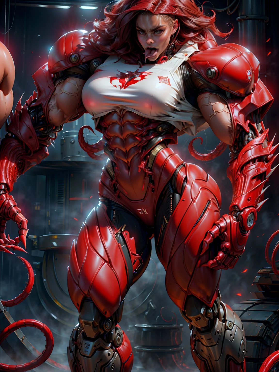 (beautiful girl:1.25), (megan fox:1.25), (young bodybuilder girl wearing cybernetic muscle suit:1.25), carnage muscular physique, seductive face, mouth wide open carnage style, long red hair, perfect muscular body, super skinny legs, sissy, femboy, (carnage style physique)