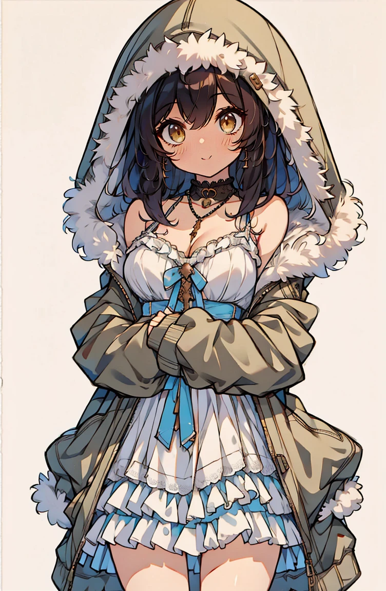 1girl,bangs,bare shoulders,blush,breasts,choker,cleavage,coat,collar,collarbone,cowboy shot,dress,eyebrows visible through hair,frills,fur,fur-trimmed cape,fur-trimmed cloak,fur-trimmed coat,fur-trimmed hood,fur-trimmed jacket,fur-trimmed sleeves,fur cape,fur coat,fur collar,fur trim,hair between eyes,hair ornament,hood,hood down,hooded coat,hooded jacket,hoodie,jacket,large breasts,long hair,long sleeves,looking at viewer,medium breasts,medium hair,necklace,open clothes,open coat,open hoodie,parka,pocket,pom pom \(clothes\),sidelocks,skirt,sleeveless,solo,winter clothes,winter coat,zipper