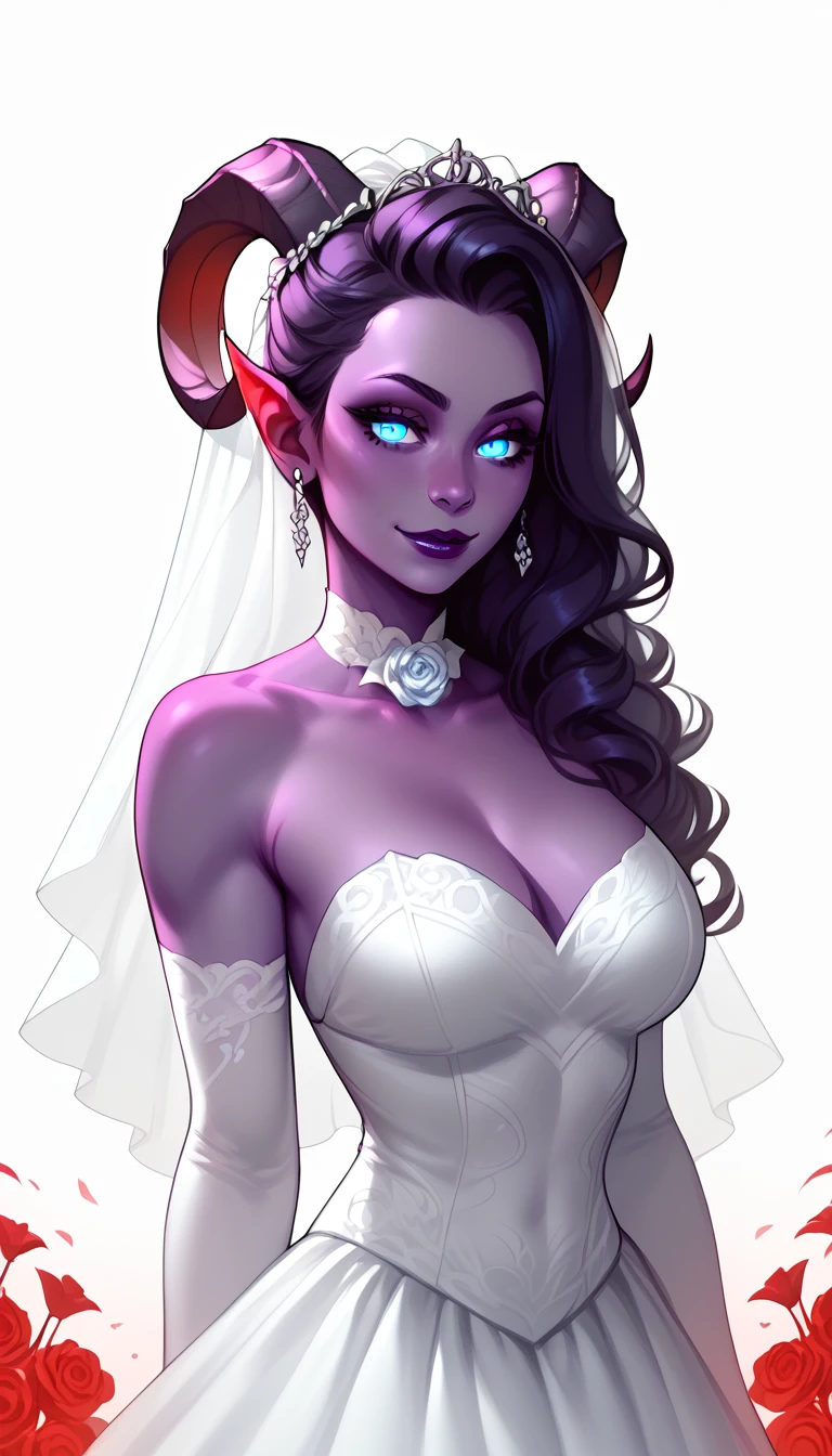score_9, score_8_up, score_7_up, 1girl, solo, 
flowing hair, glowing blue eyes, curved ram horns, sharp ears, purple skin, demoness, limited red palette, monochromatic, eerie atmosphere, 
(wedding dress), seductive, stark white background